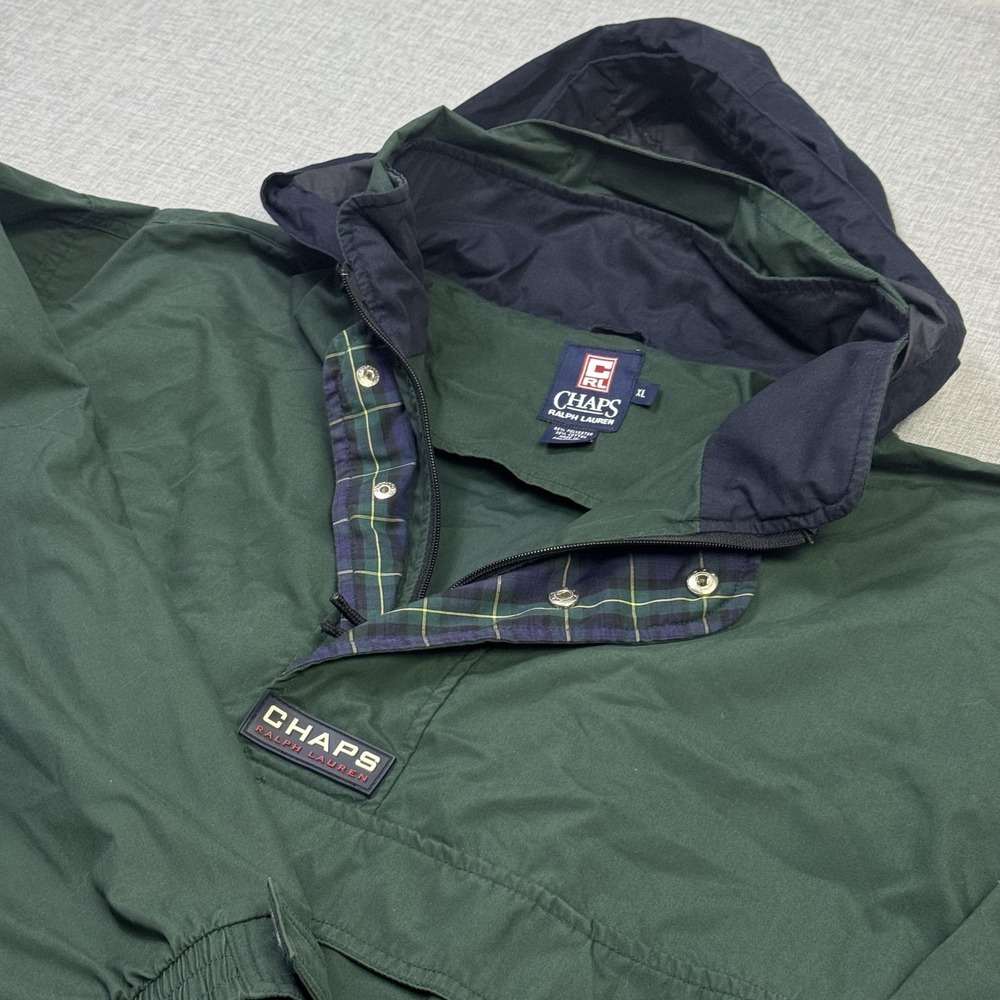 Chaps Ralph Lauren 1/4 Zip Button Anorak Jacket Mens XL Green Hooded Pullover
